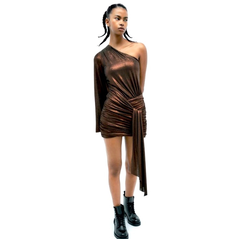 ZARA Asymetrical Shiny Bronze Dress, Size Large, NWT
